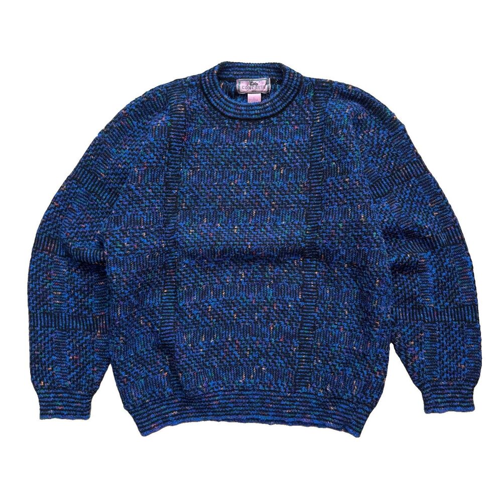Vintage Concrete Textured Blue Chunky Knit Sweater Womens Size L Striped Retro